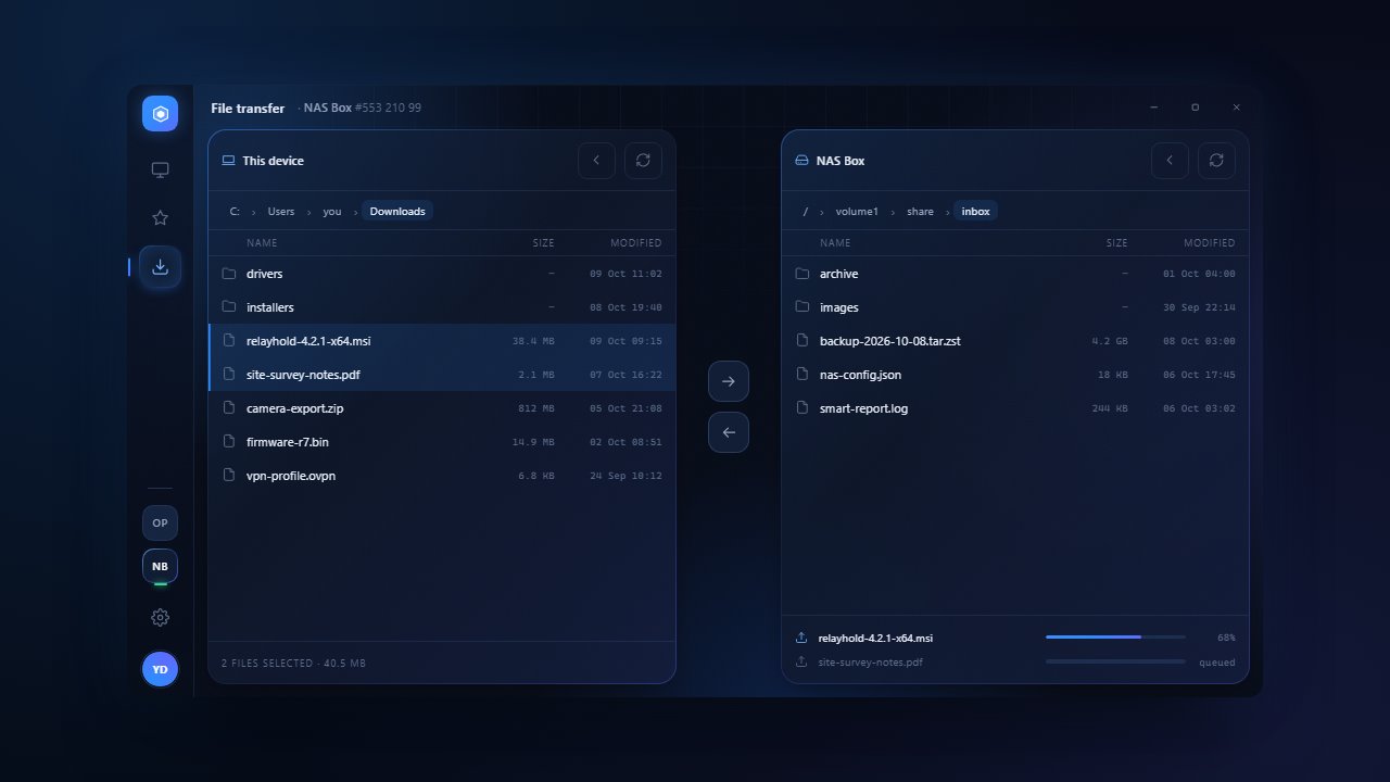 Dual-pane file transfer manager with progress indicator